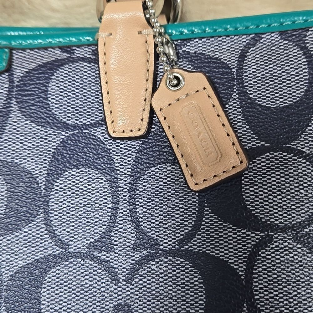COACH SIGNATURE STRIPE TOP HANDLE TOTE (F51267) SILVER/NAVY/BRIGHT JADE - Picture 2 of 7
